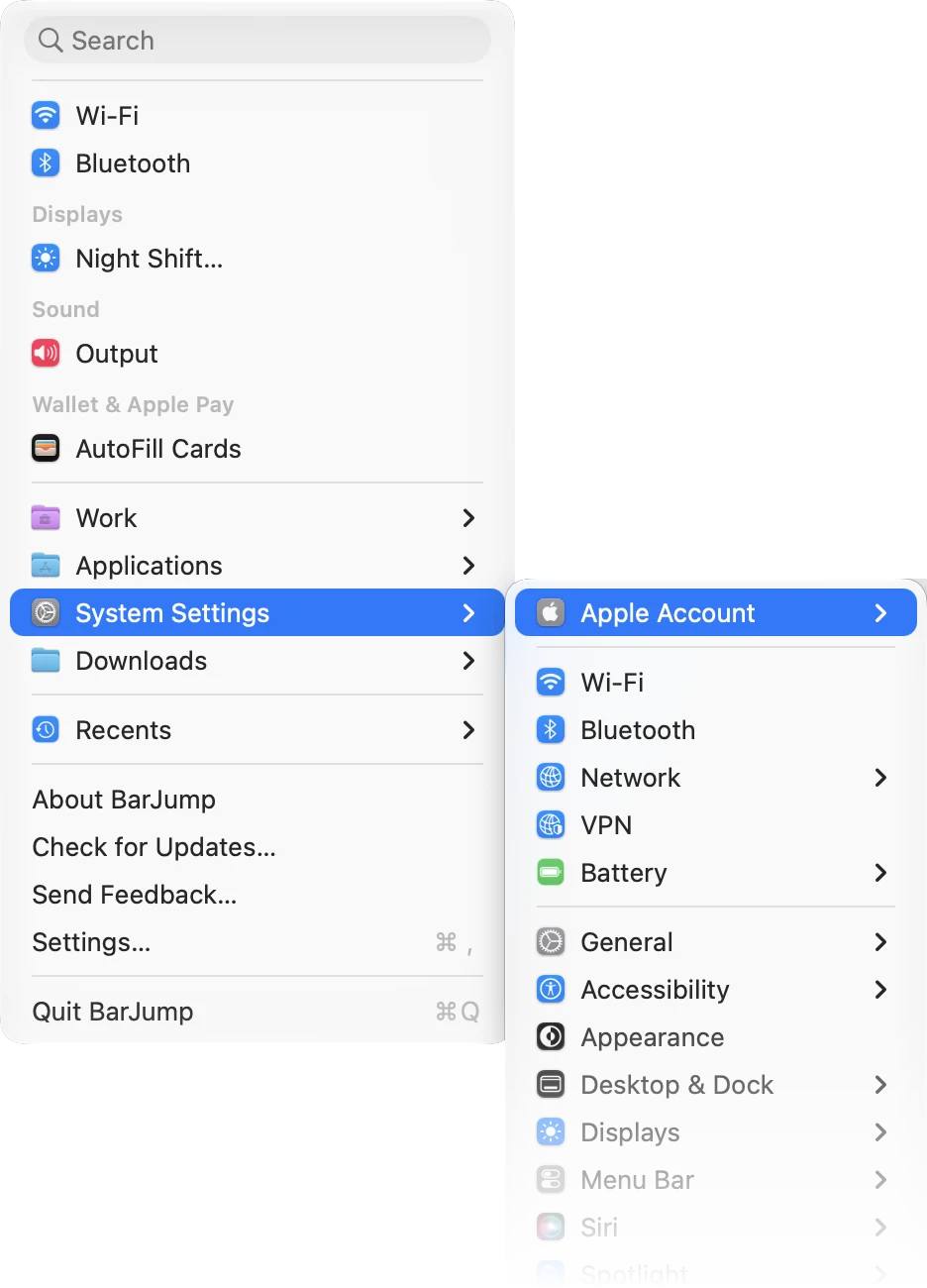 BarJump's menu: a Quick Settings section with Wi‑Fi, Bluetooth, Night Shift, Output and AutoFill Cards; then a Work menu with a purple folder icon, Applications, System Settings and Downloads; then Recents, with the System Settings submenu open listing every pane with its icon.