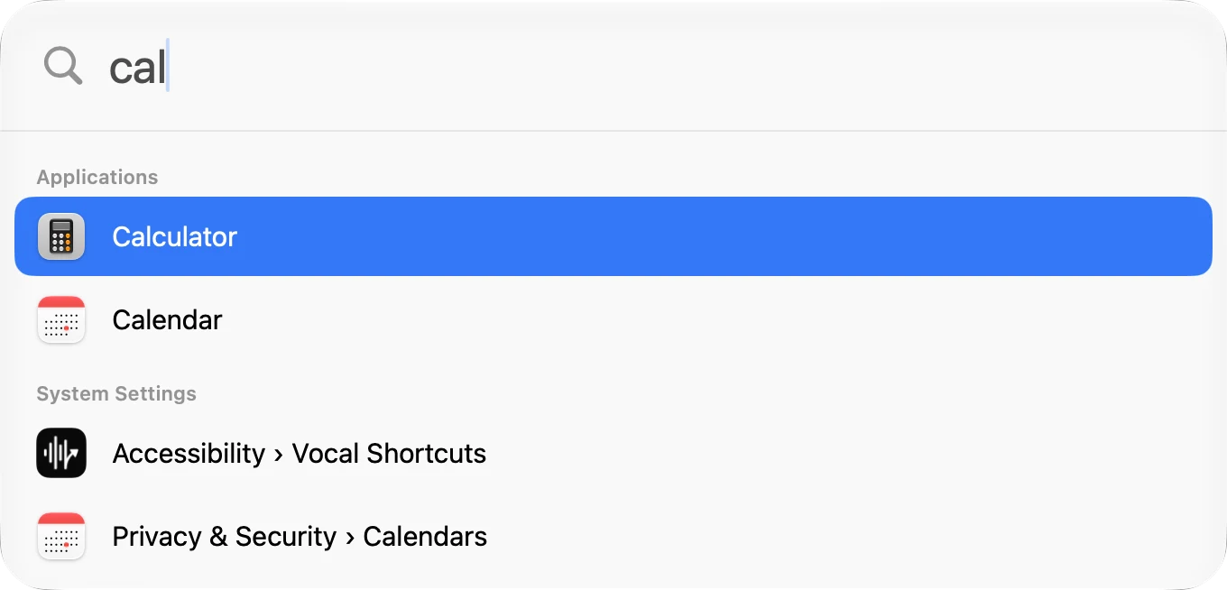 BarJump's search panel: typing “cal” finds Calculator and Calendar under Applications, and Accessibility › Vocal Shortcuts and Privacy & Security › Calendars under System Settings.