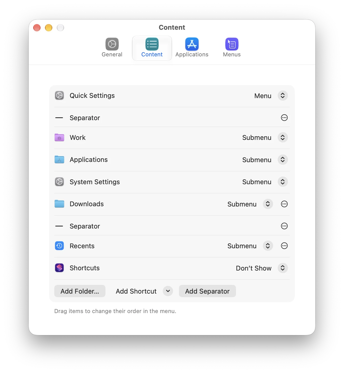 BarJump's Content settings: Quick Settings shown in the menu; Work, Applications, System Settings, Downloads and Recents as submenus, with separators between them; Shortcuts hidden; buttons to add a folder, a shortcut or a separator.